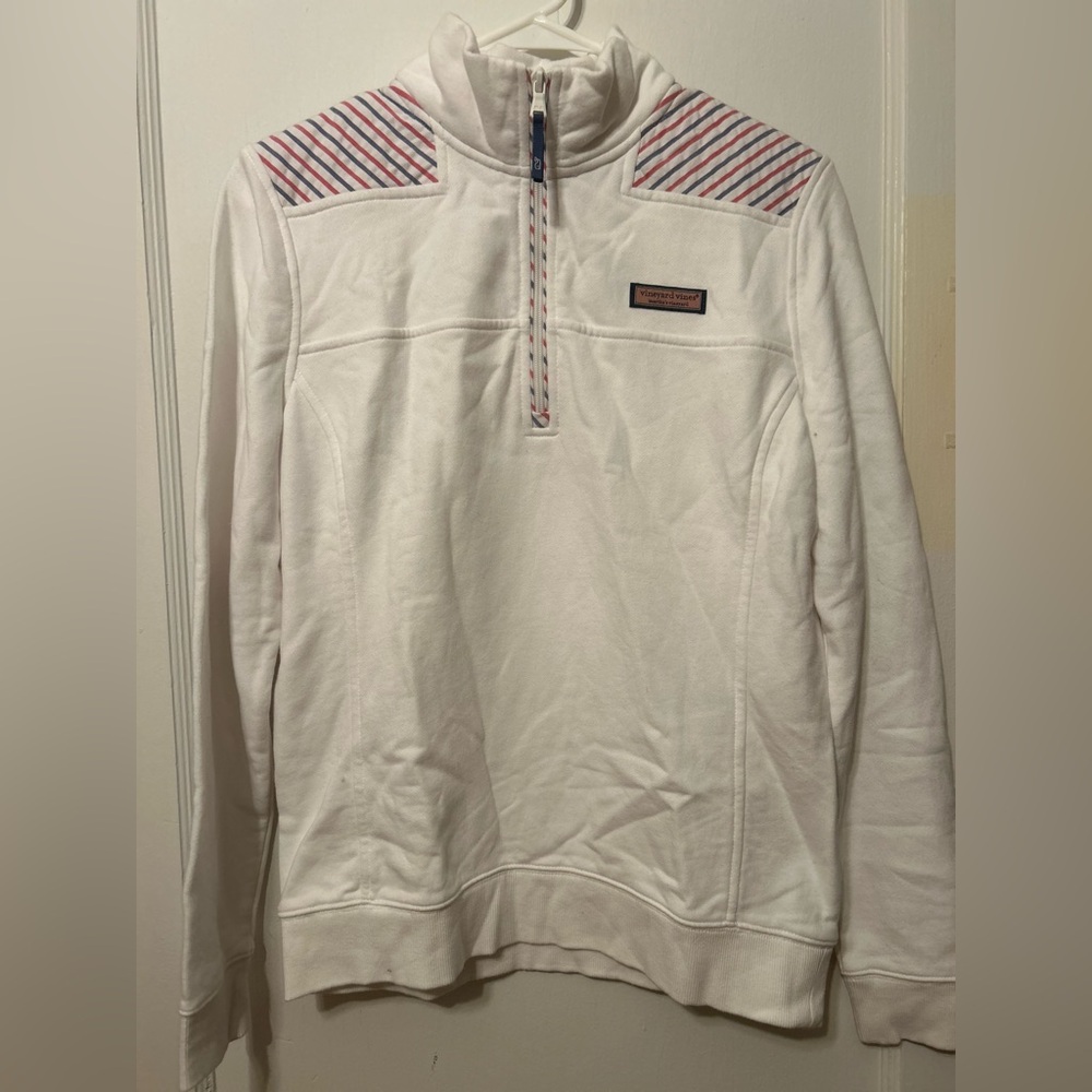 Vineyard Vines White Pullover with Red and Blue Stripes